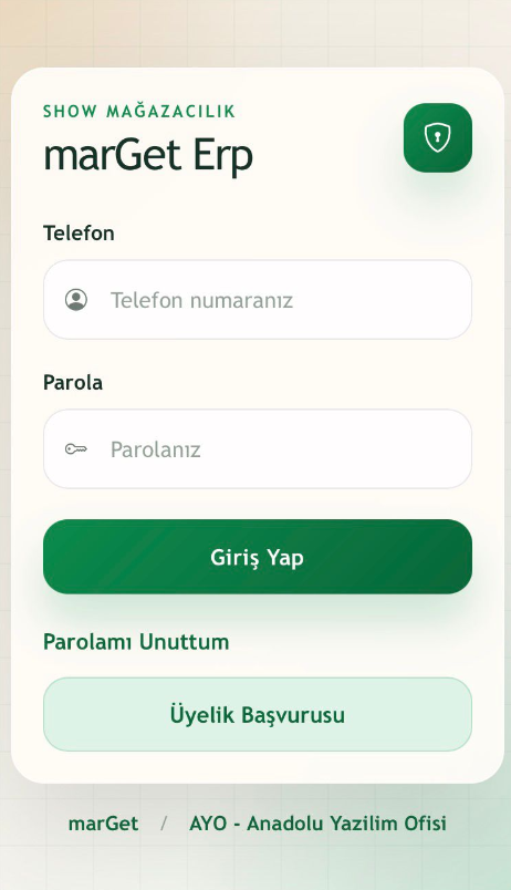 marGet ERP Mobil giriş ekranı
